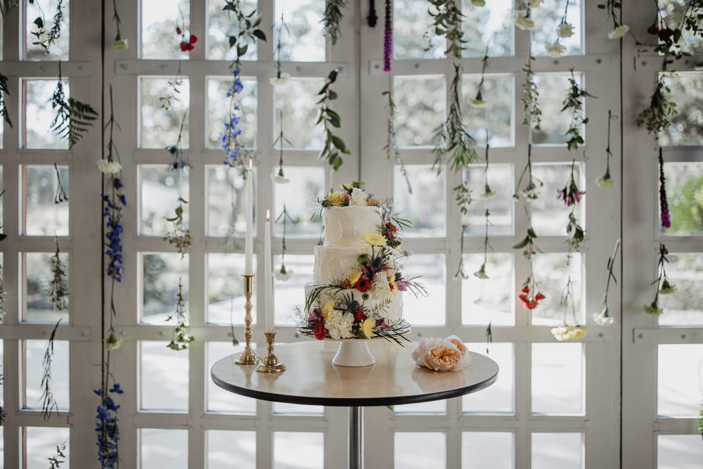 Floral Buttercream Cake Flower Garland Backdrop Colourful Vow Renewal Kaitlin Rodgers Photo