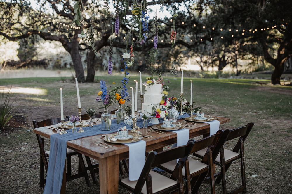 Table Decor Flowers Candles Blue Runner Outdoors Colourful Vow Renewal Kaitlin Rodgers Photo