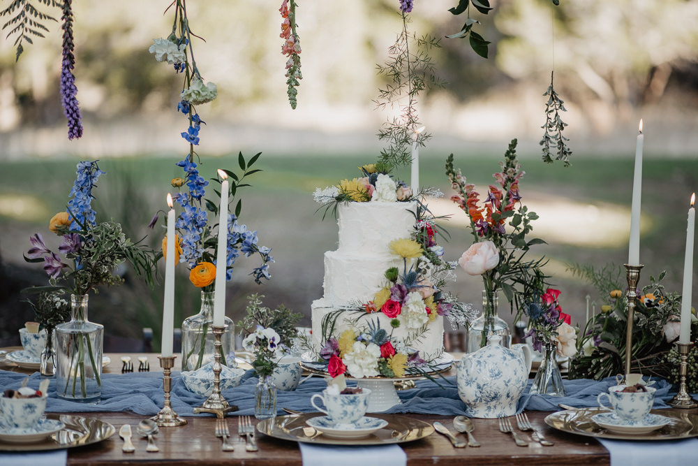 Table Decor Flowers Candles Blue Runner Outdoors Colourful Vow Renewal Kaitlin Rodgers Photo