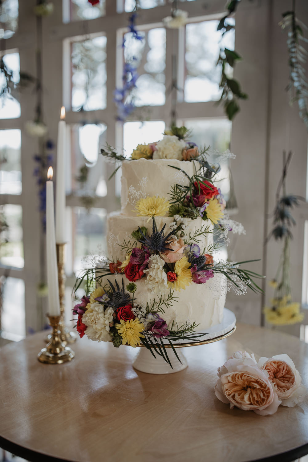 Floral Buttercream Cake Flower Garland Backdrop Colourful Vow Renewal Kaitlin Rodgers Photo