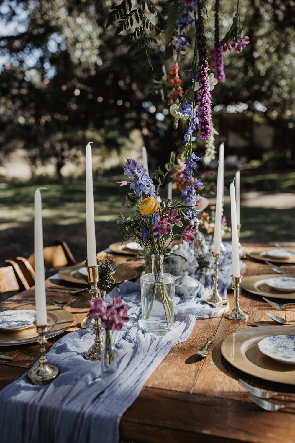 Table Decor Flowers Candles Blue Runner Outdoors Colourful Vow Renewal Kaitlin Rodgers Photo