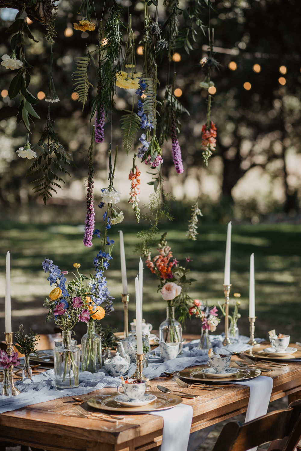 Table Decor Flowers Candles Blue Runner Outdoors Colourful Vow Renewal Kaitlin Rodgers Photo