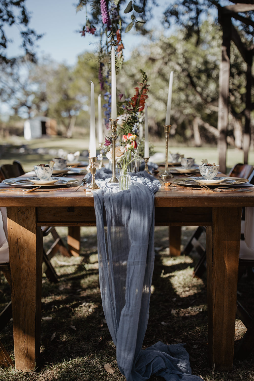 Table Decor Flowers Candles Blue Runner Outdoors Colourful Vow Renewal Kaitlin Rodgers Photo