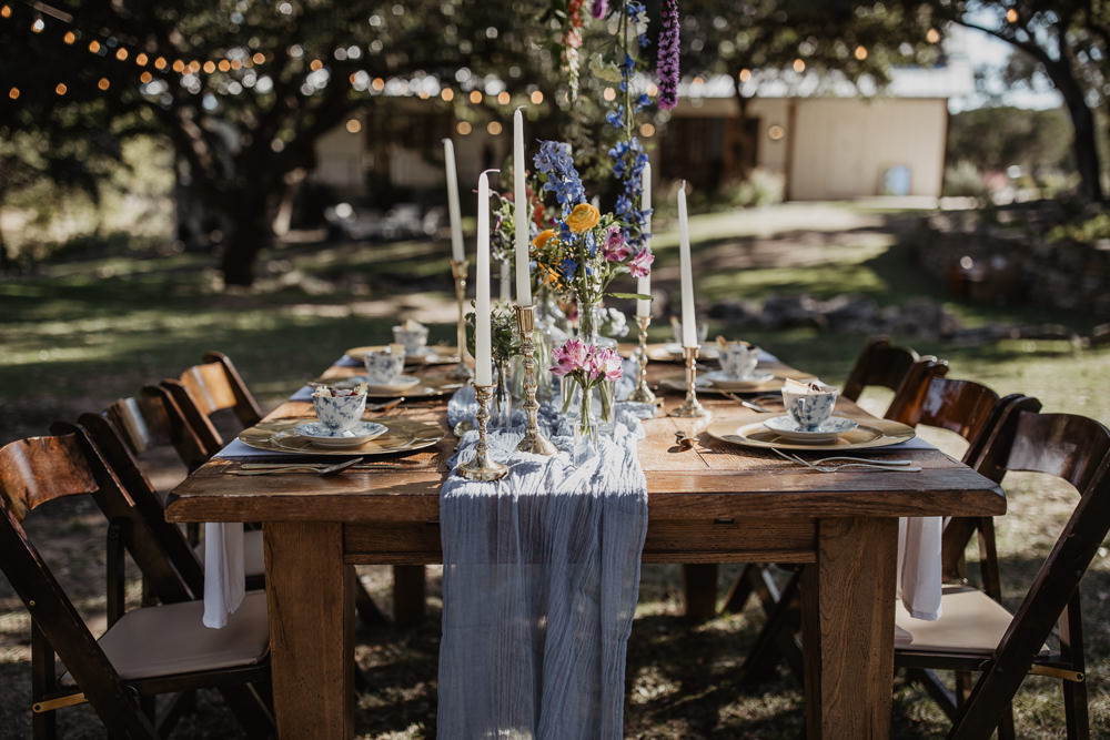 Table Decor Flowers Candles Blue Runner Outdoors Colourful Vow Renewal Kaitlin Rodgers Photo