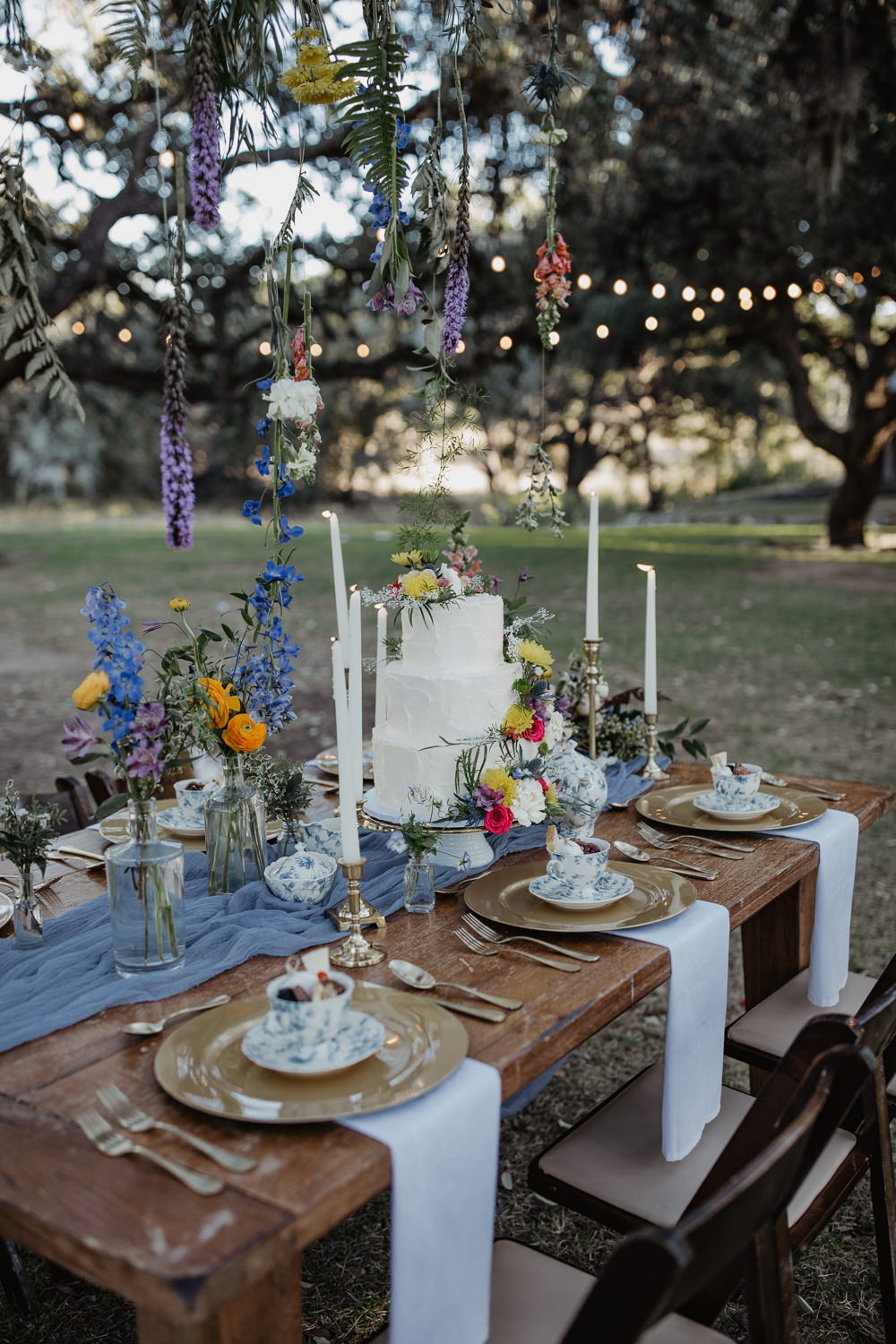 Table Decor Flowers Candles Blue Runner Outdoors Colourful Vow Renewal Kaitlin Rodgers Photo