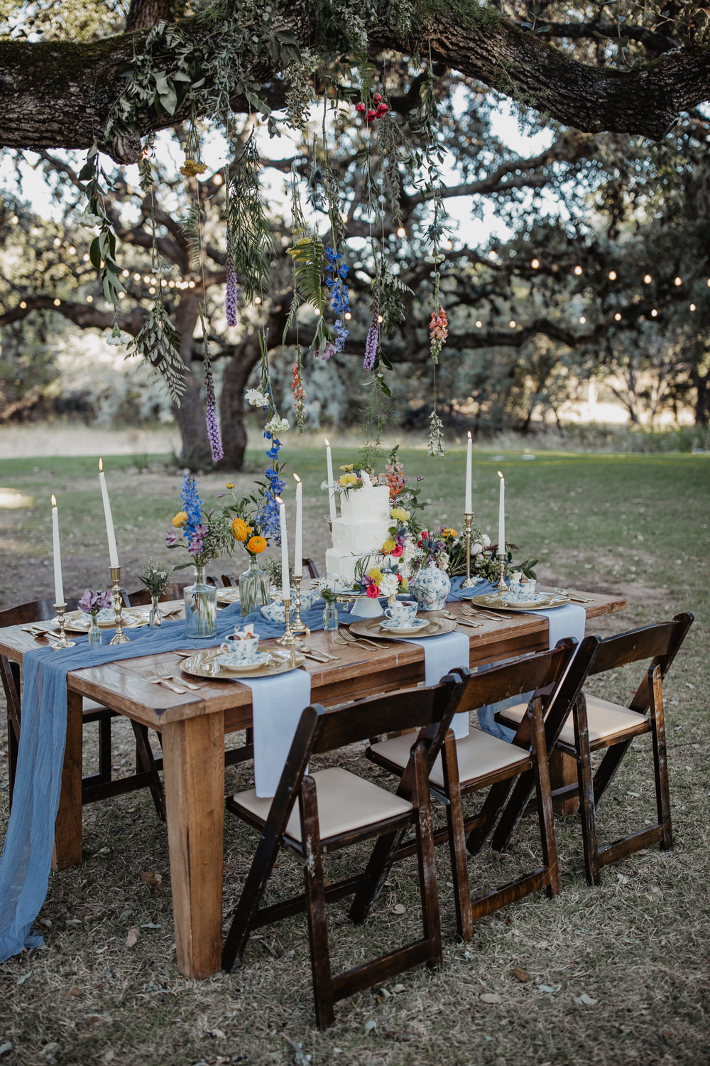 Table Decor Flowers Candles Blue Runner Outdoors Colourful Vow Renewal Kaitlin Rodgers Photo