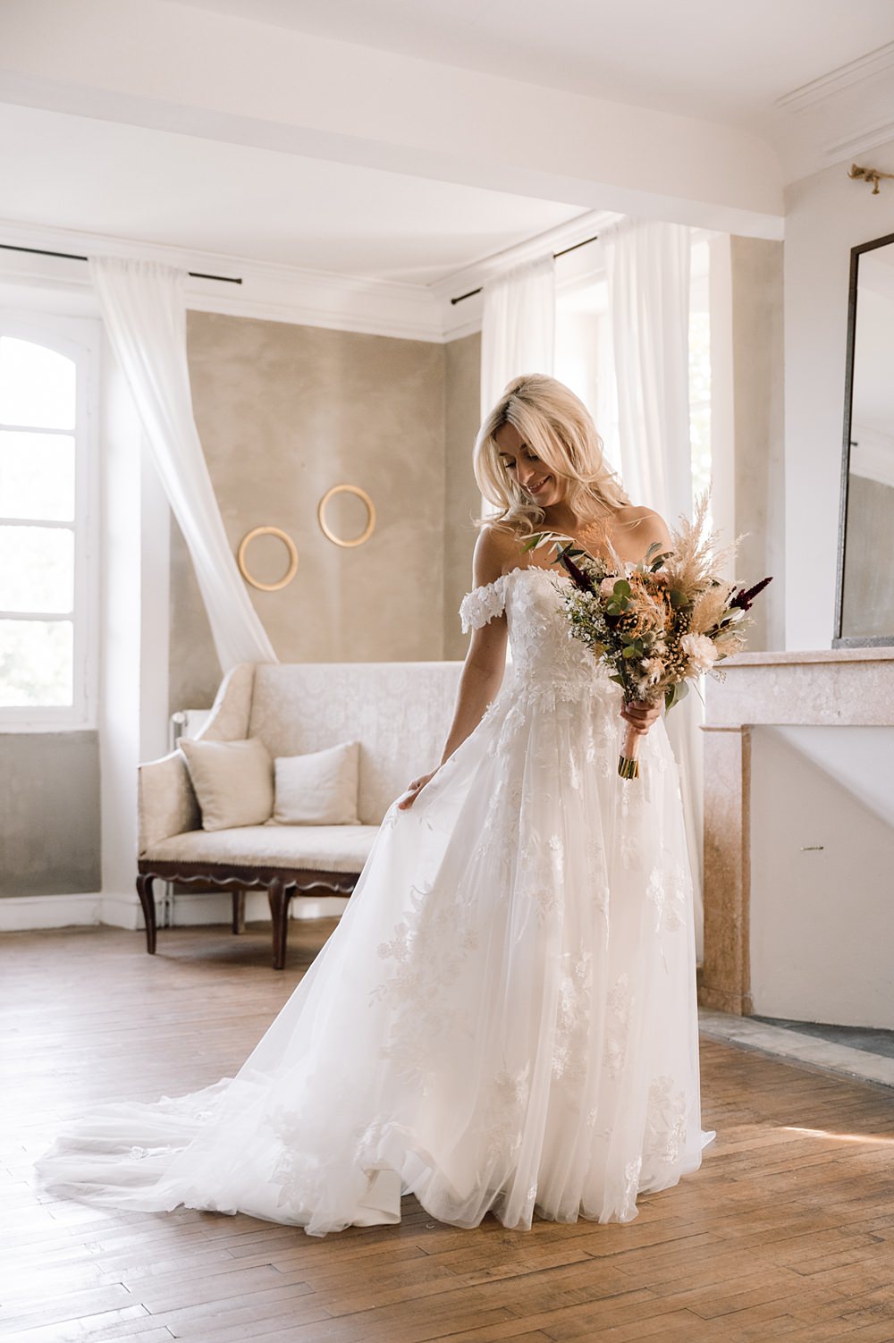 Dress Gown Bride Bridal Lace Tulle Off Shoulder Domaine du Beyssac Wedding Award Weddings