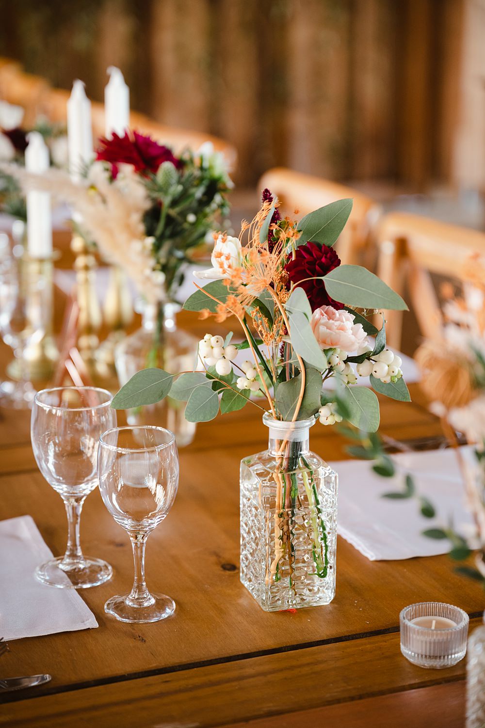 Long Wooden Tables Decor Flowers Candles Domaine du Beyssac Wedding Award Weddings