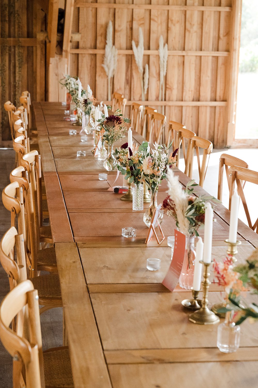 Long Wooden Tables Decor Flowers Candles Domaine du Beyssac Wedding Award Weddings