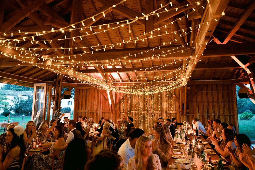 Barn Reception Rustic Fairy Light Canopy Domaine du Beyssac Wedding Award Weddings