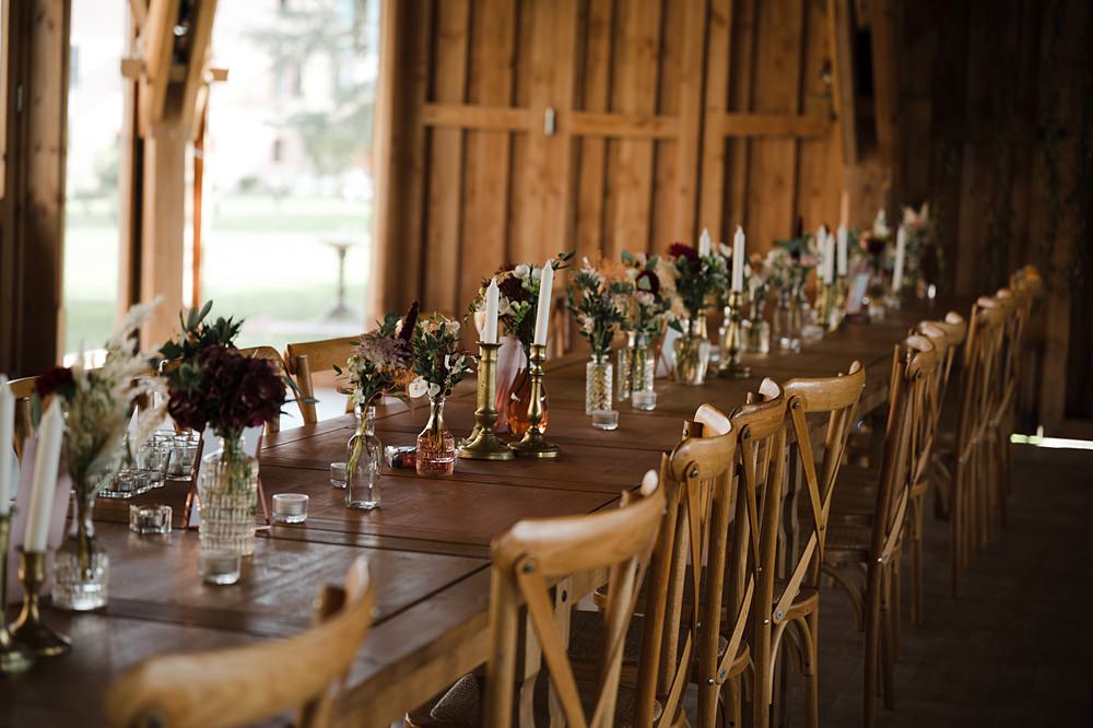 Long Wooden Tables Decor Flowers Candles Domaine du Beyssac Wedding Award Weddings