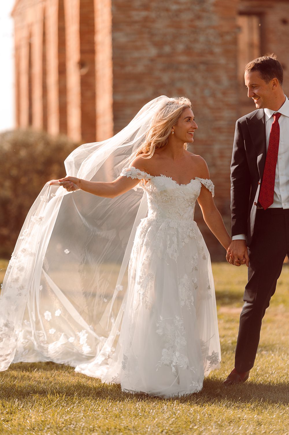 Dress Gown Bride Bridal Lace Tulle Off Shoulder Veil Domaine du Beyssac Wedding Award Weddings