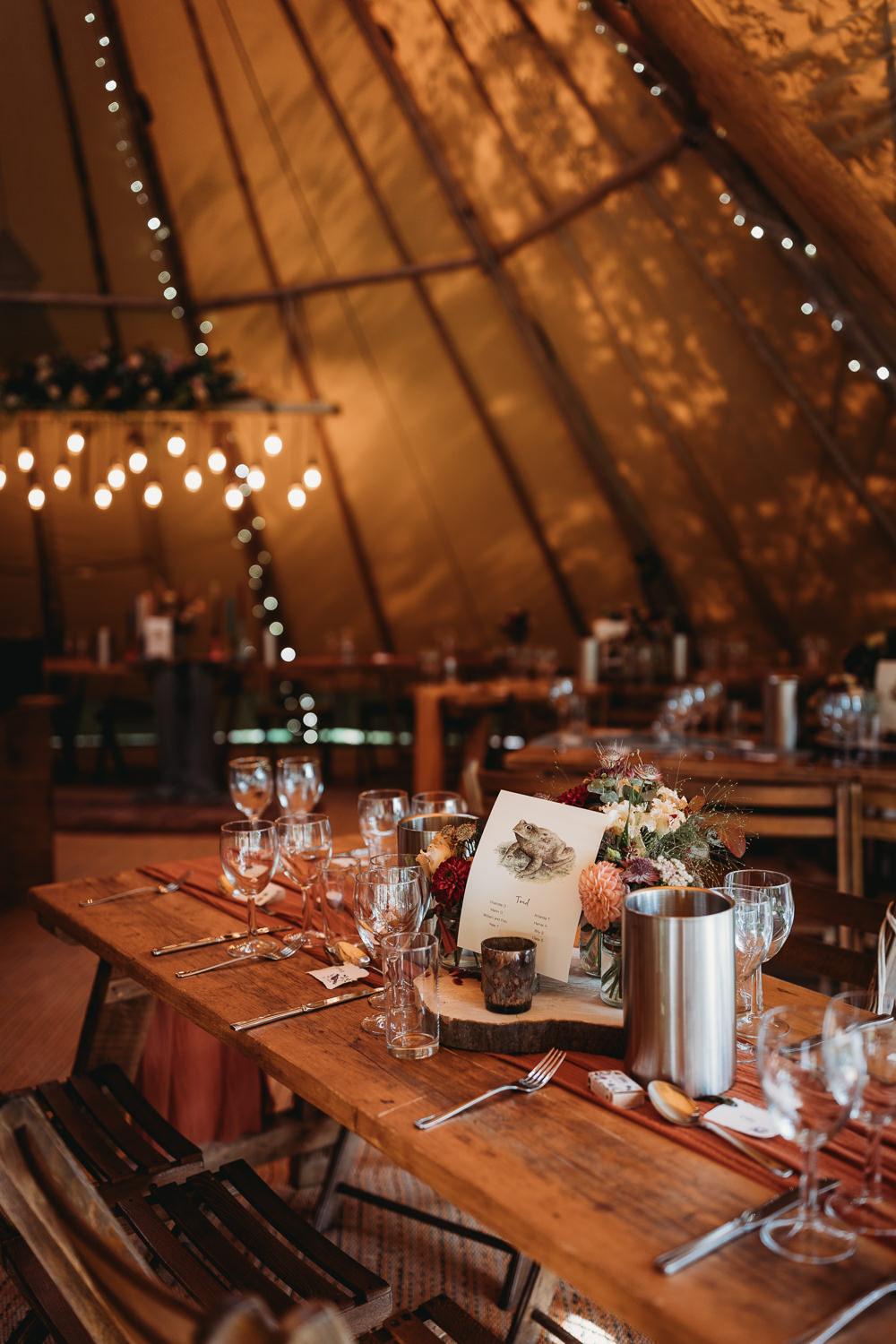Tipi Decor Festoon Lights Rustic Wooden Tables Eco Garden Wedding ThymeLane Photography