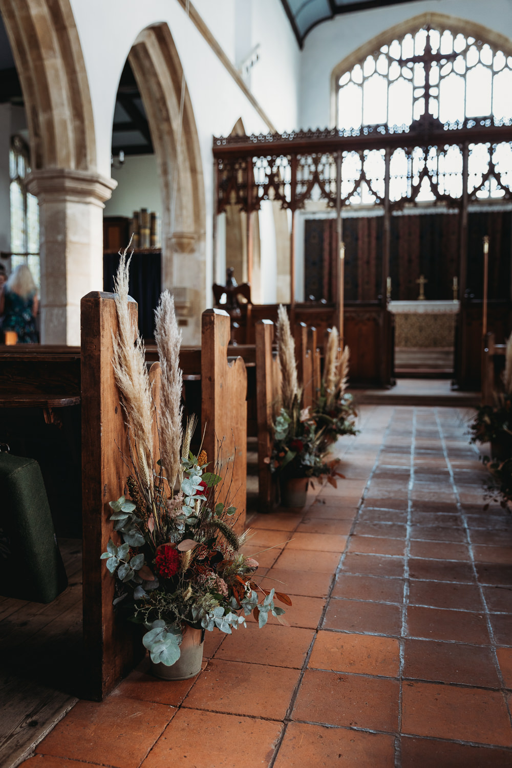 Pew End Aisle Ceremony Flowers Pampas Grass Eco Garden Wedding ThymeLane Photography