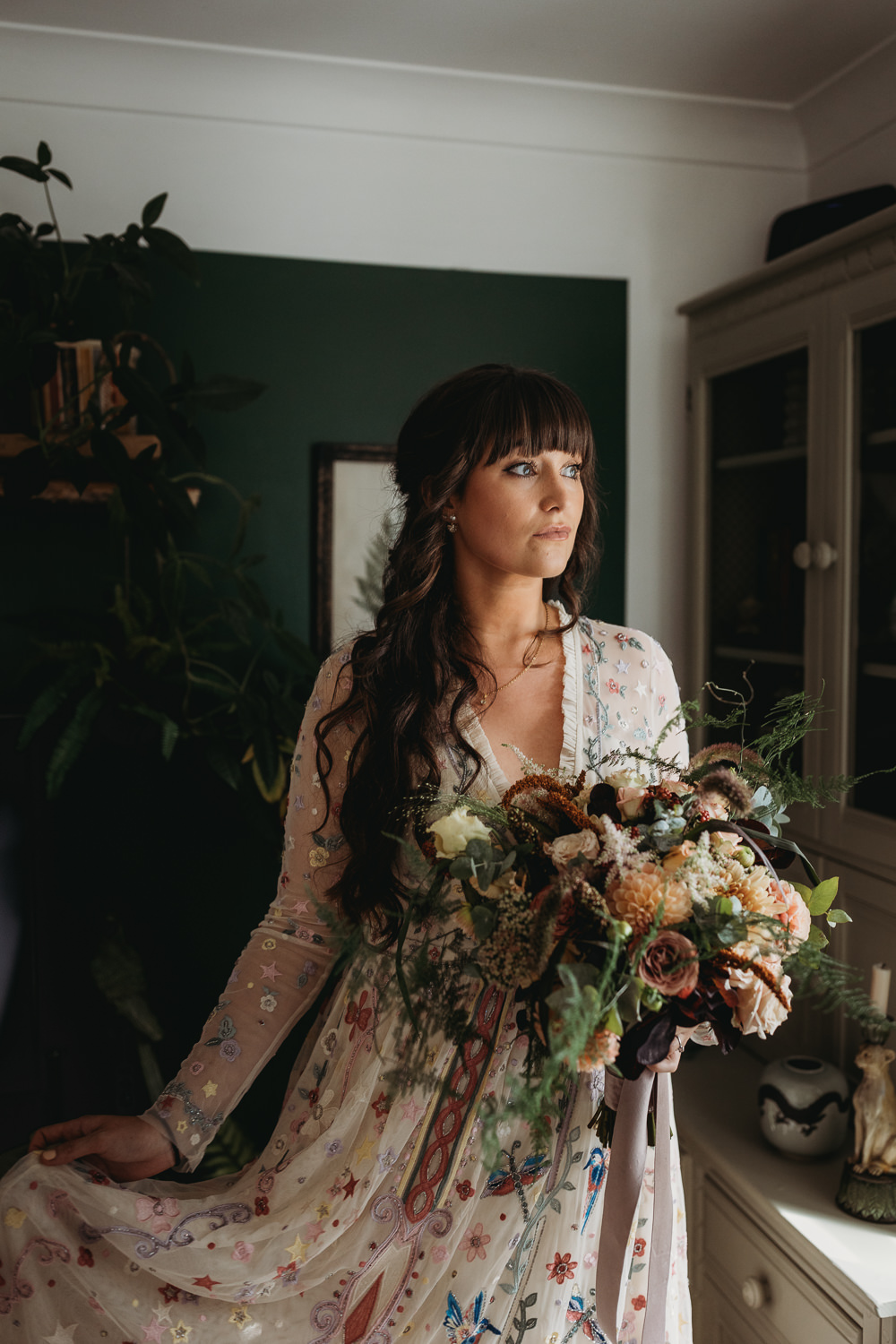 Dress Gown Bride Bridal Colourful Floral Sequin Long Sleeves Eco Garden Wedding ThymeLane Photography
