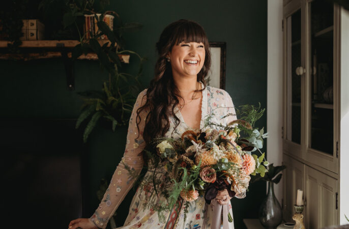 Dress Gown Bride Bridal Colourful Floral Sequin Long Sleeves Eco Garden Wedding ThymeLane Photography