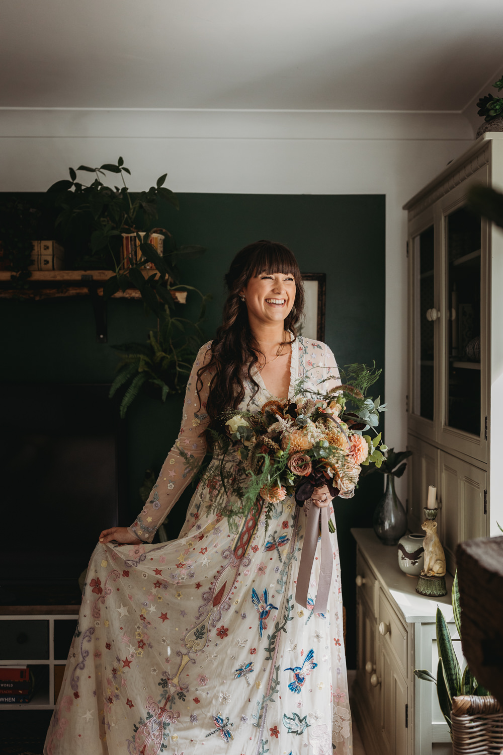 Dress Gown Bride Bridal Colourful Floral Sequin Long Sleeves Eco Garden Wedding ThymeLane Photography