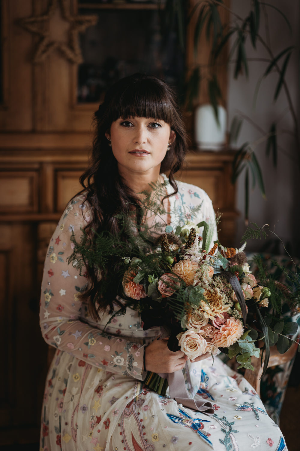Bride Bridal Hairstyle Half Up Down Fringe Bouquet Flowers Bride Bridal Pink Rose Greenery Eco Garden Wedding ThymeLane Photography