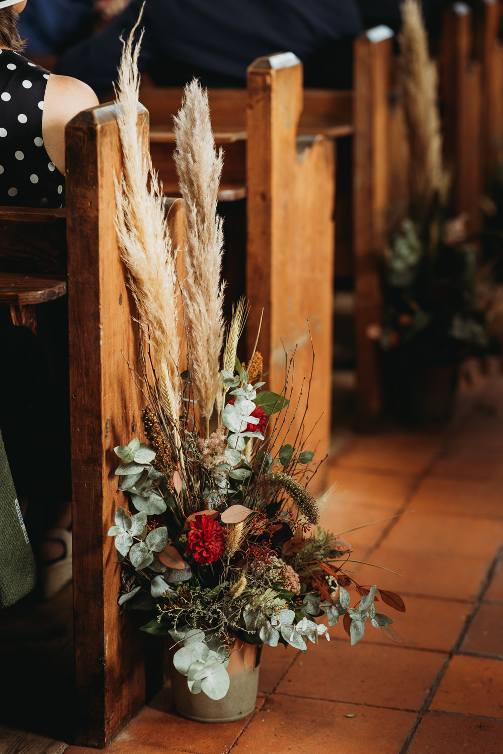 Pew End Aisle Ceremony Flowers Pampas Grass Eco Garden Wedding ThymeLane Photography