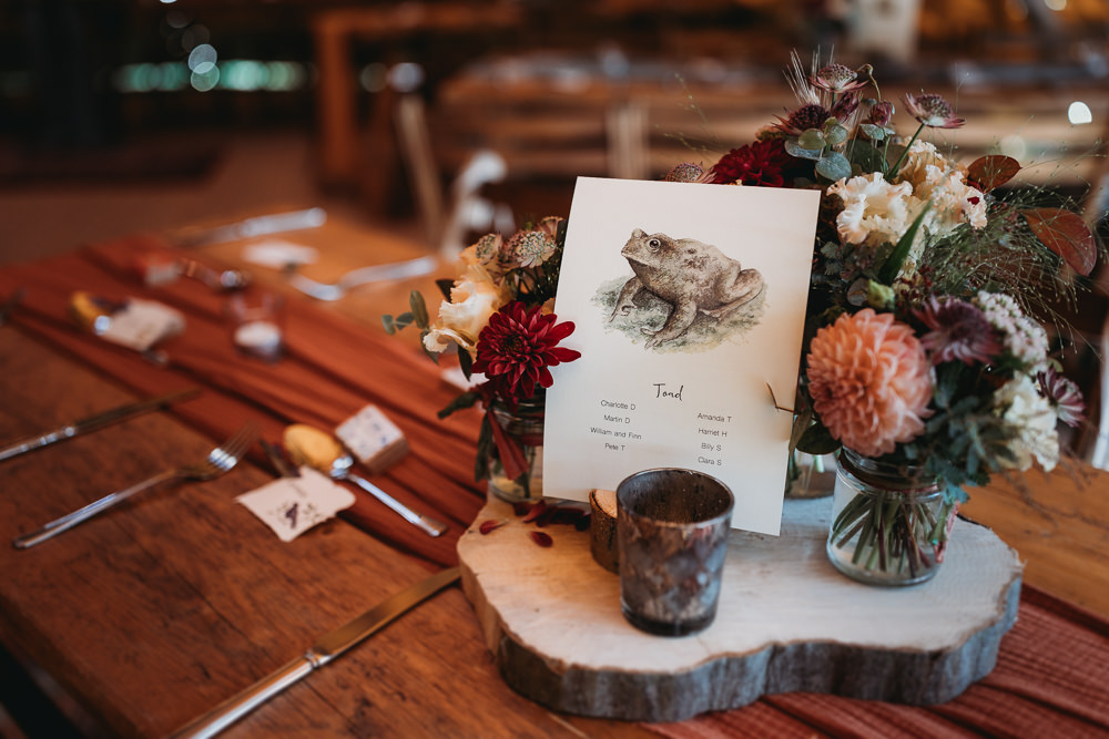 Table Centrpiece Flowers Decor Log Slice Bird Animal Name Eco Garden Wedding ThymeLane Photography