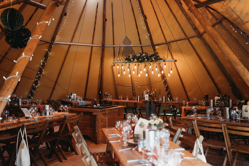 Tipi Decor Festoon Lights Rustic Wooden Tables Eco Garden Wedding ThymeLane Photography