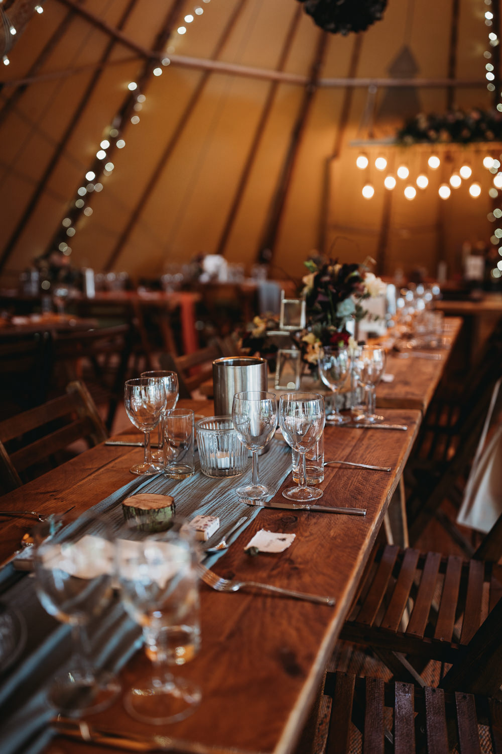 Tipi Decor Festoon Lights Rustic Wooden Tables Eco Garden Wedding ThymeLane Photography