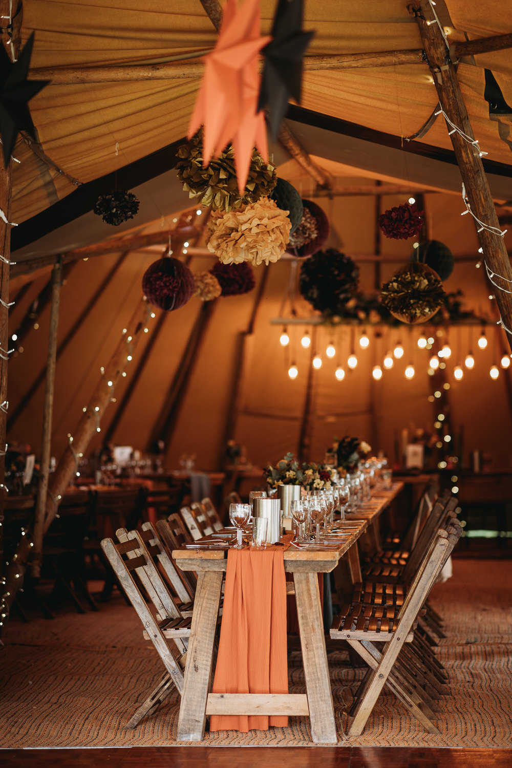 Star Lanterns Tipi Decor Festoon Lights Rustic Wooden Tables Eco Garden Wedding ThymeLane Photography