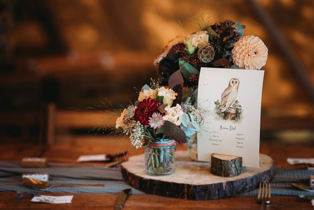 Table Centrpiece Flowers Decor Log Slice Bird Table Name Eco Garden Wedding ThymeLane Photography