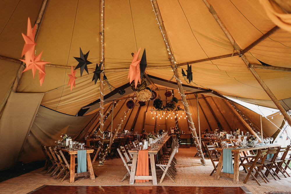 Tipi Decor Festoon Lights Rustic Wooden Tables Star Lanterns Eco Garden Wedding ThymeLane Photography