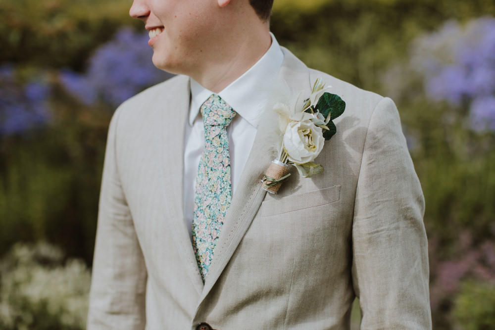 Groom Cream Linen Suit Green Tie Buttonhole Flowers Festival Farm Wedding Sam Bennett Photography