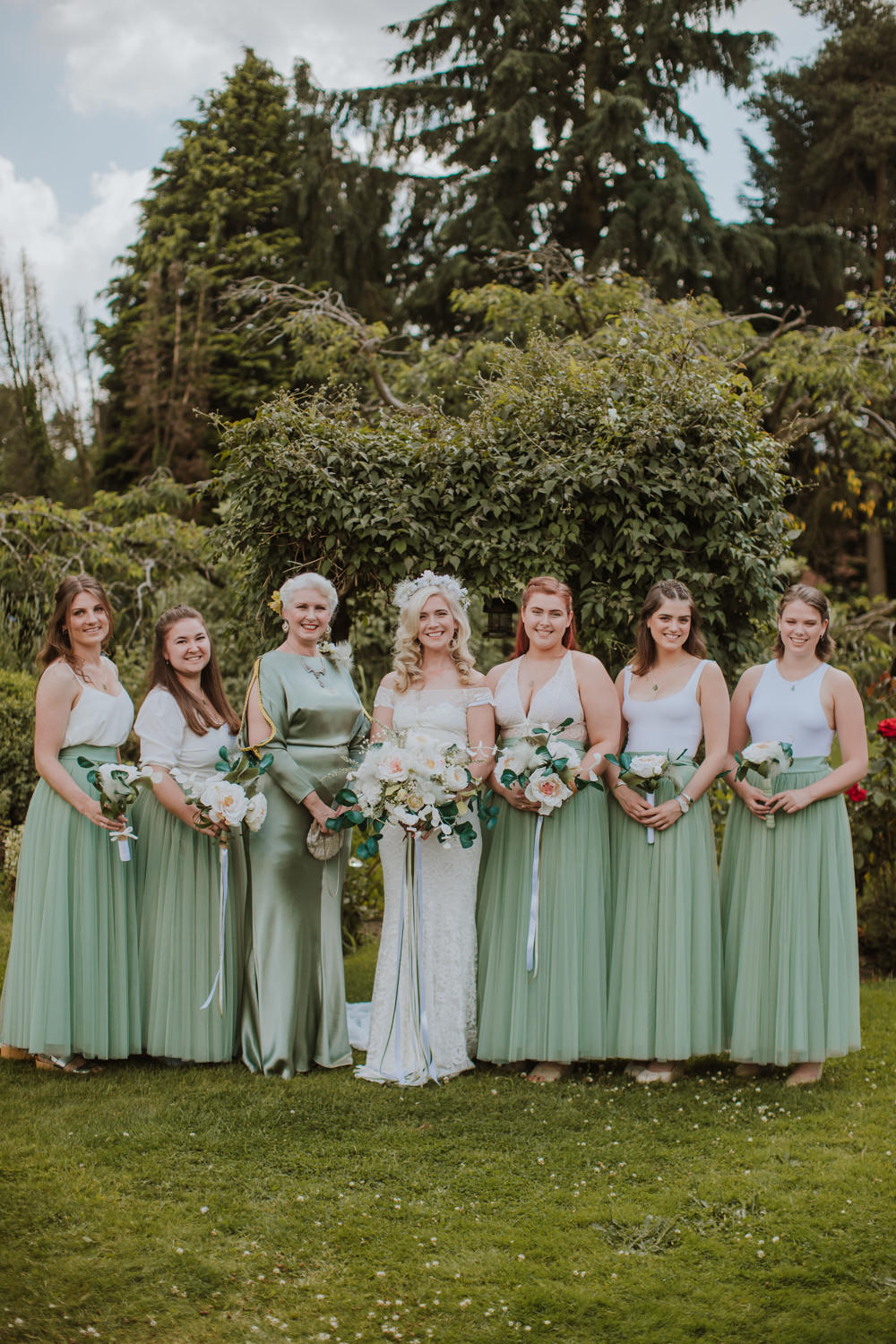 Green Bridesmaids Skirts White Tops Festival Farm Wedding Sam Bennett Photography