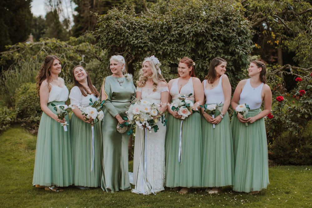 Green Bridesmaids Skirts White Tops Festival Farm Wedding Sam Bennett Photography
