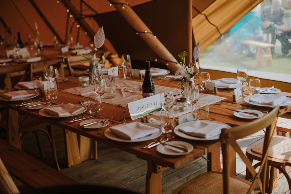 Rustic Wooden Table Tipi Decor Festival Farm Wedding Sam Bennett Photography