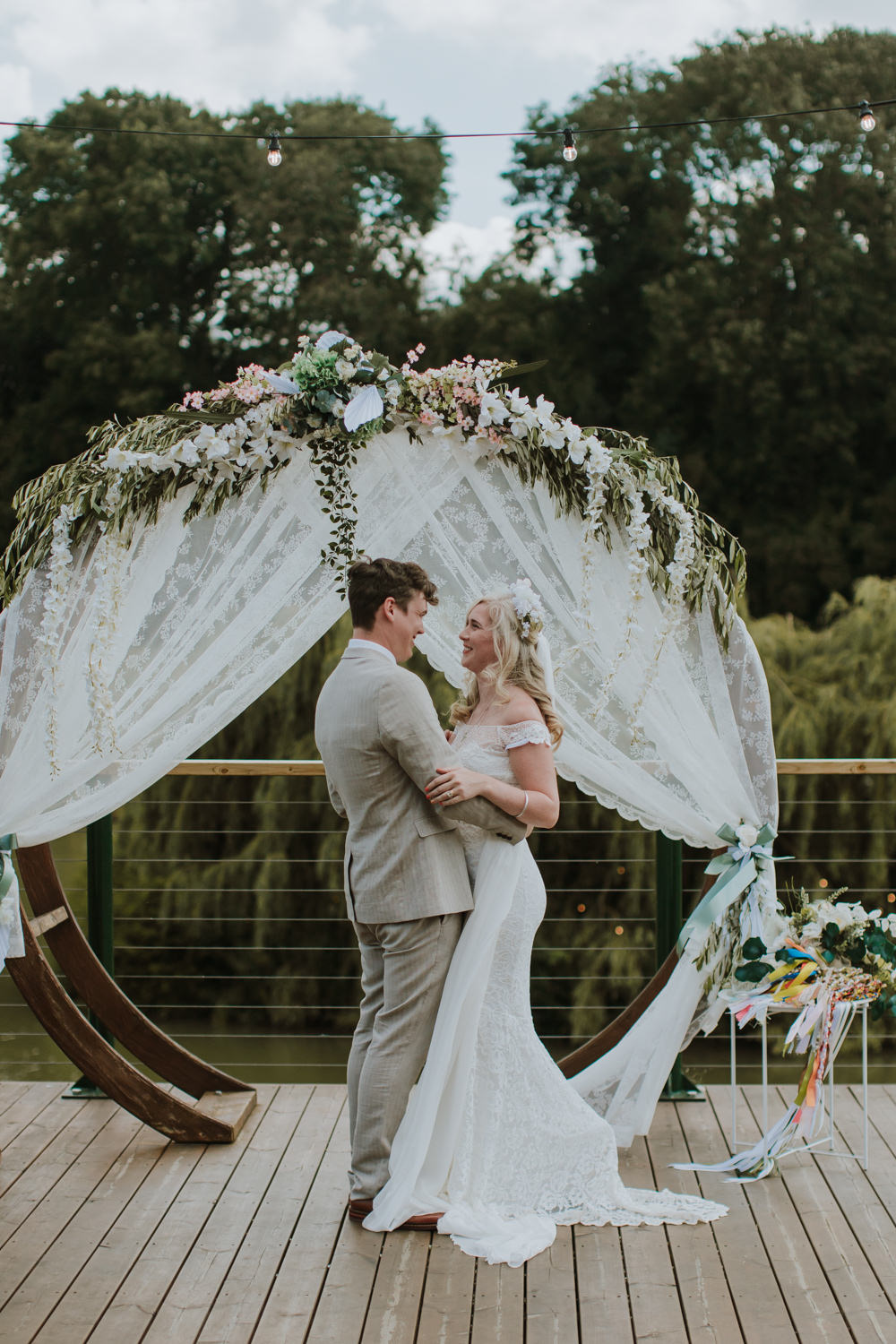 Festival Farm Wedding Sam Bennett Photography Moongate Flower Arch Hoop Backdrop Greenery Fabric