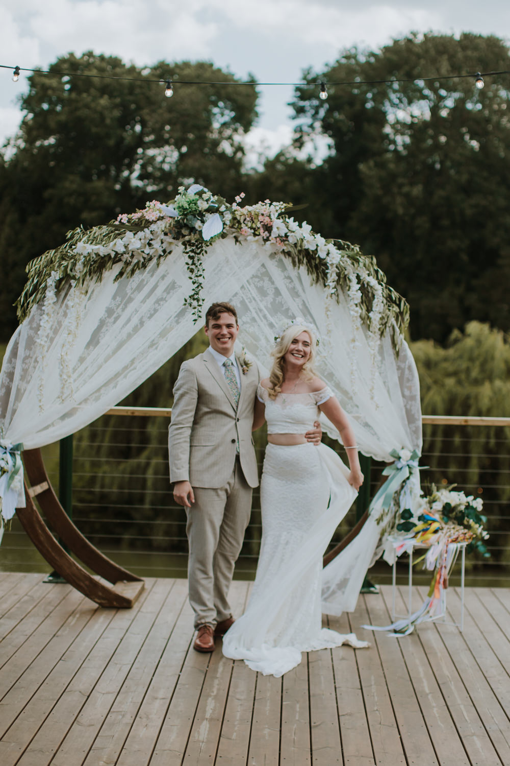 Festival Farm Wedding Sam Bennett Photography Moongate Flower Arch Hoop Backdrop Greenery Fabric