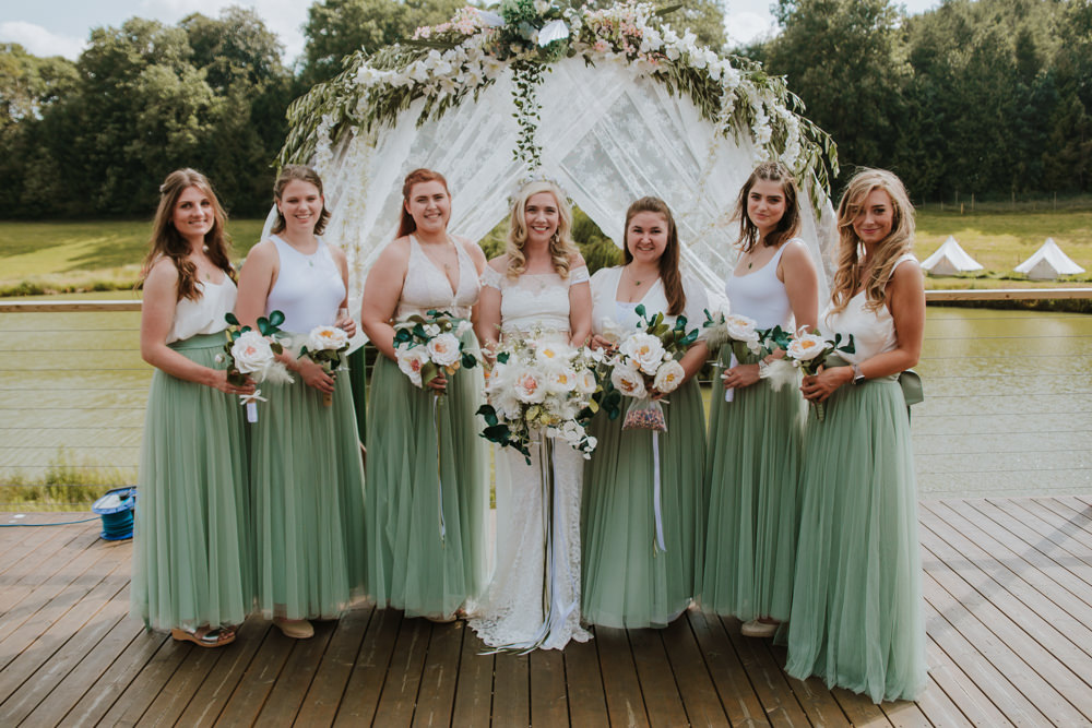 Green Bridesmaids Skirts White Tops Festival Farm Wedding Sam Bennett Photography