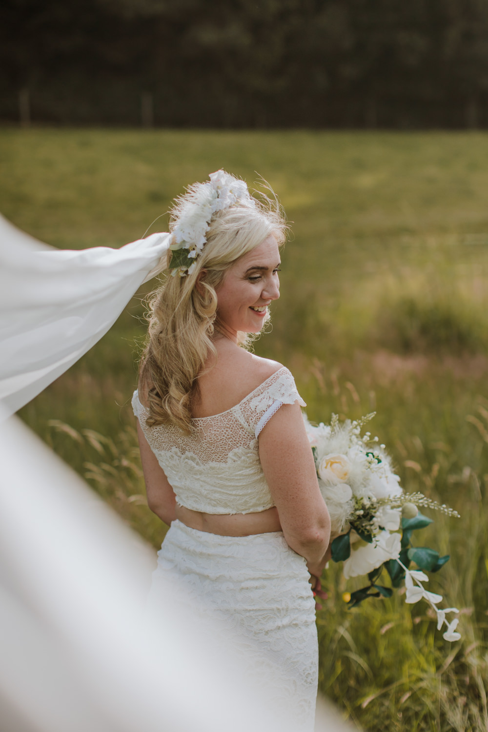 Bridal Separates Skirt Top Two Piece Veil Flower Crown Festival Farm Wedding Sam Bennett Photography