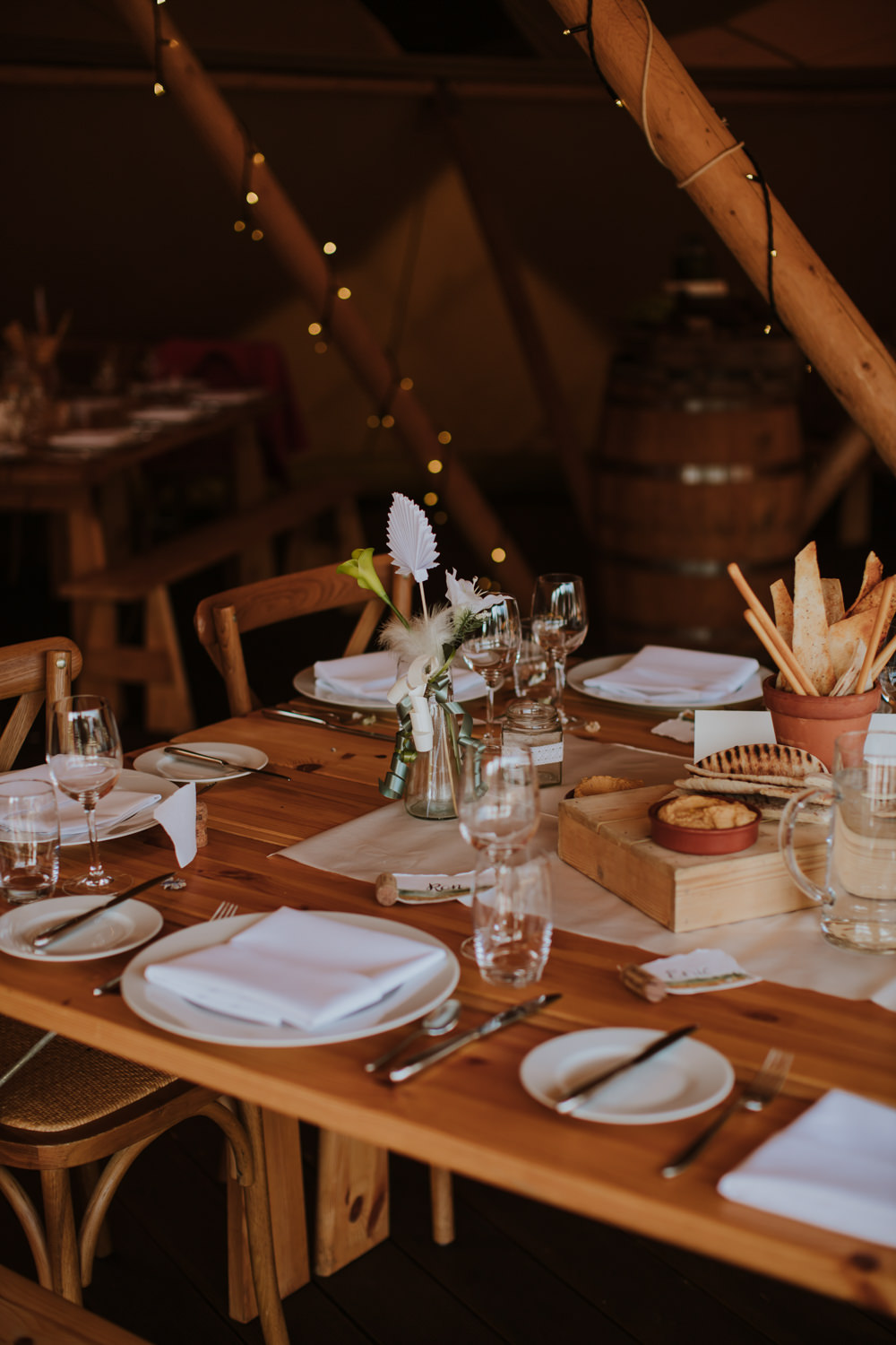 Rustic Wooden Table Tipi Decor Festival Farm Wedding Sam Bennett Photography