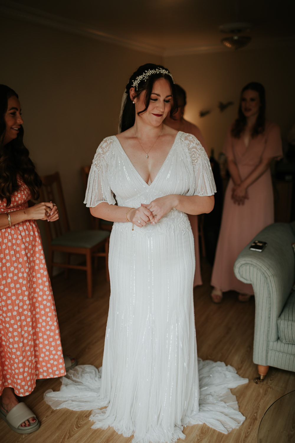 Sequin Dress Gown Bride Bridal 1920s Sleeves Manor Gardens Wedding Paul Fuller Photography