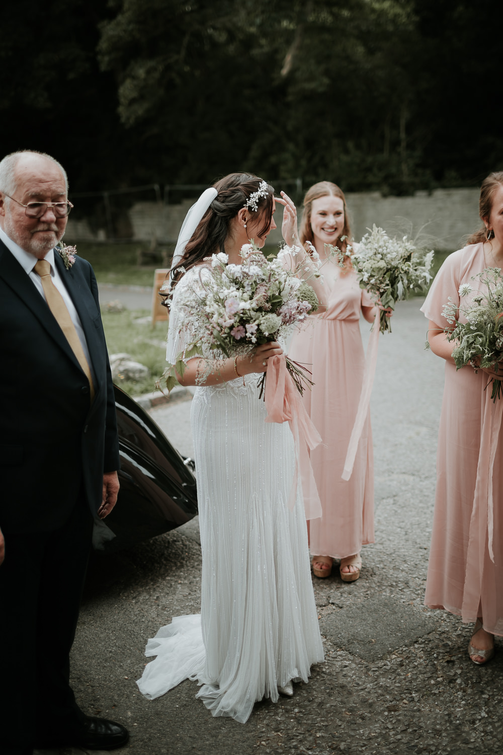 Sequin Dress Gown Bride Bridal 1920s Sleeves Pink Bouquet Flowers Manor Gardens Wedding Paul Fuller Photography