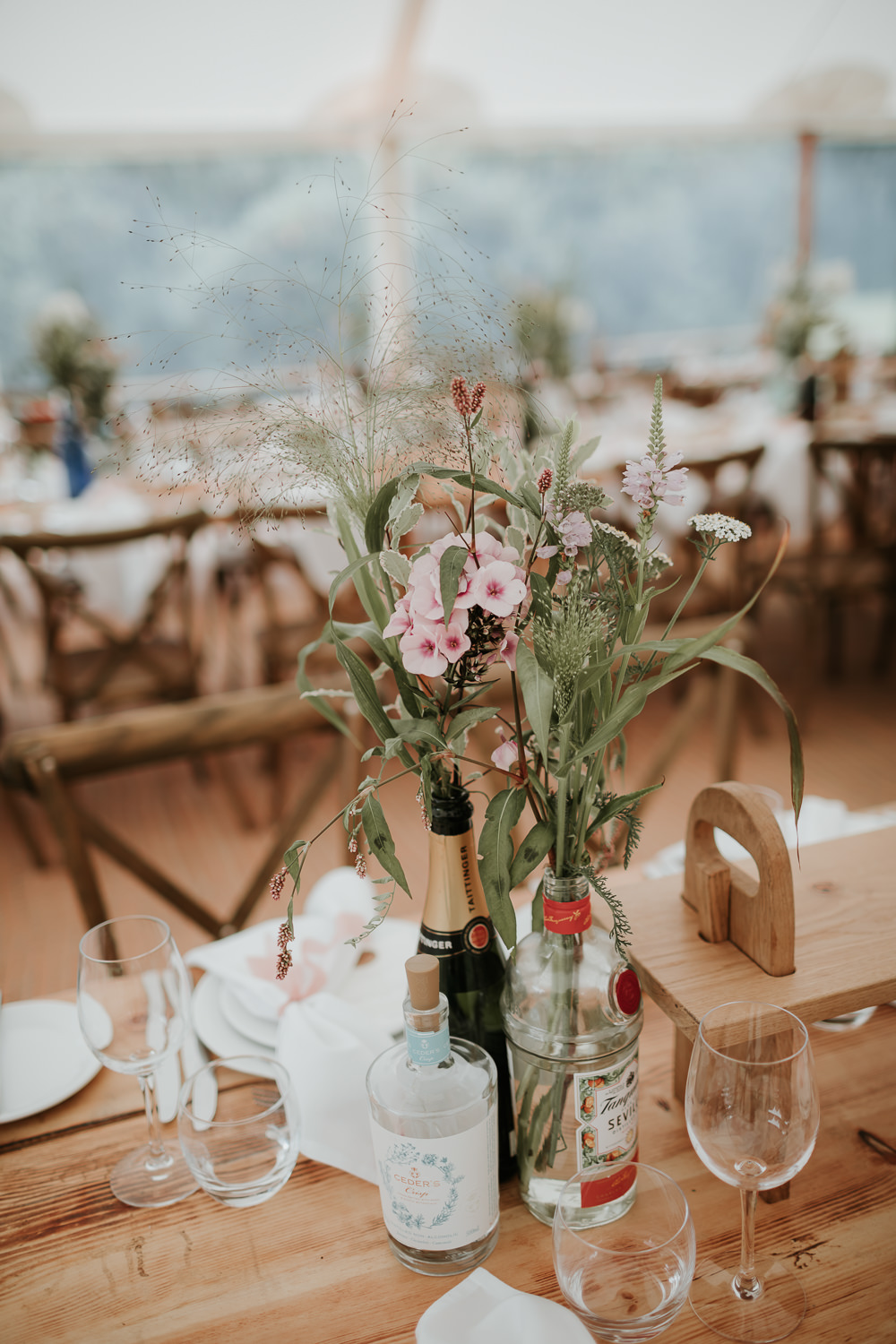 Table Centrepiece Bottle Flowers Decor Manor Gardens Wedding Paul Fuller Photography