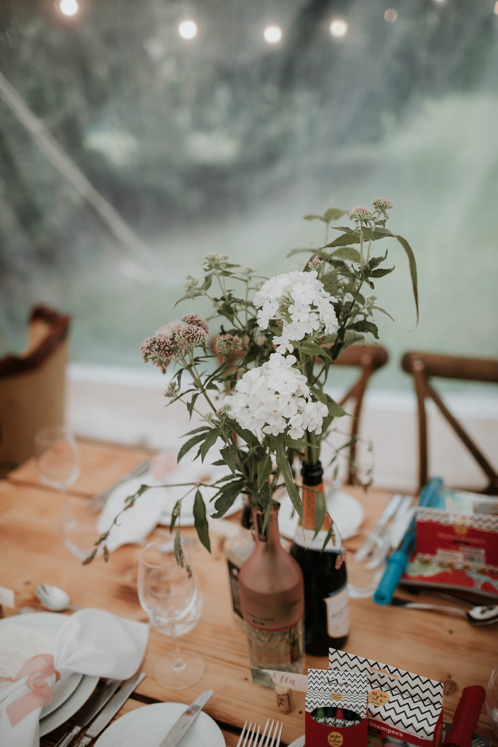 Table Centrepiece Bottle Flowers Decor Manor Gardens Wedding Paul Fuller Photography