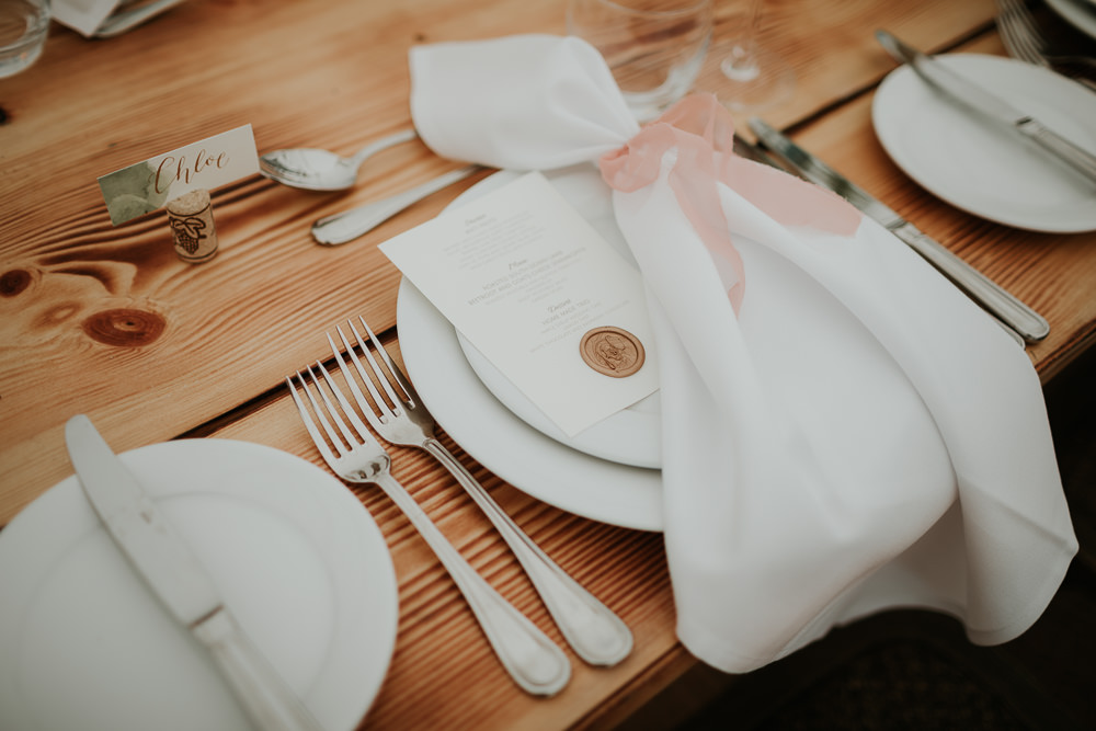Place Setting Pink Ribbon Napkin Wax Seal Stationery Manor Gardens Wedding Paul Fuller Photography