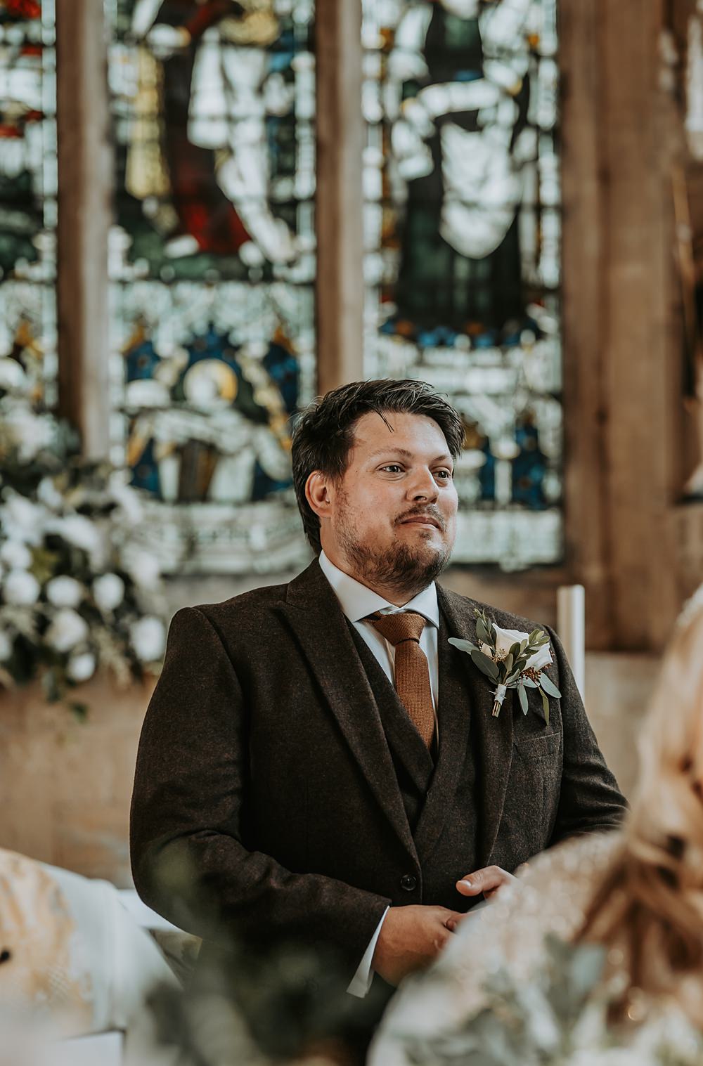 Groom Brown Wool Suit Orange Tan Tie Minimalist Barn Wedding Amber Louise Photography