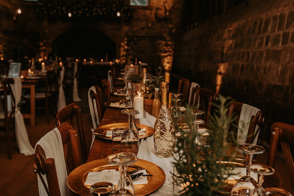 Table Decor Gold Plates Potted Plants Minimalist Barn Wedding Amber Louise Photography