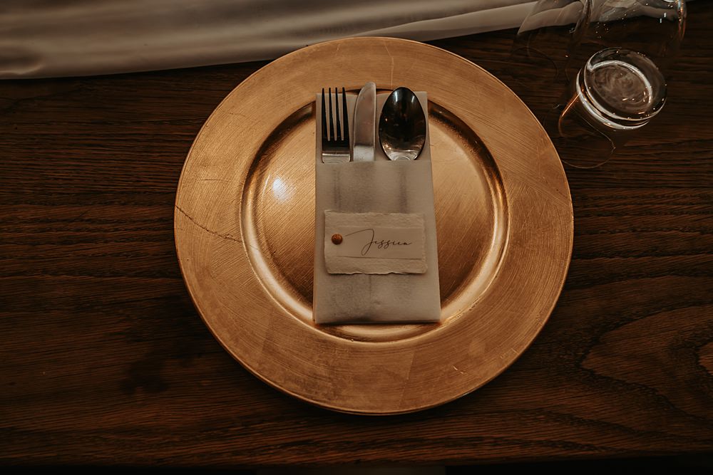 Gold Plates Cutlery Holder Minimalist Barn Wedding Amber Louise Photography