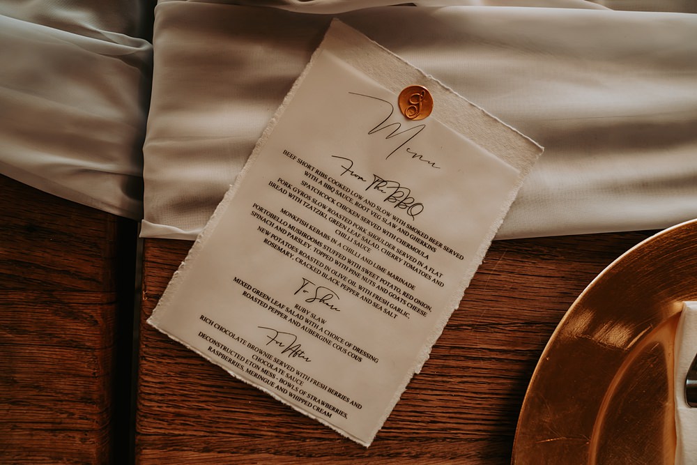 Menu Calligraphy Wax Seal Minimalist Barn Wedding Amber Louise Photography
