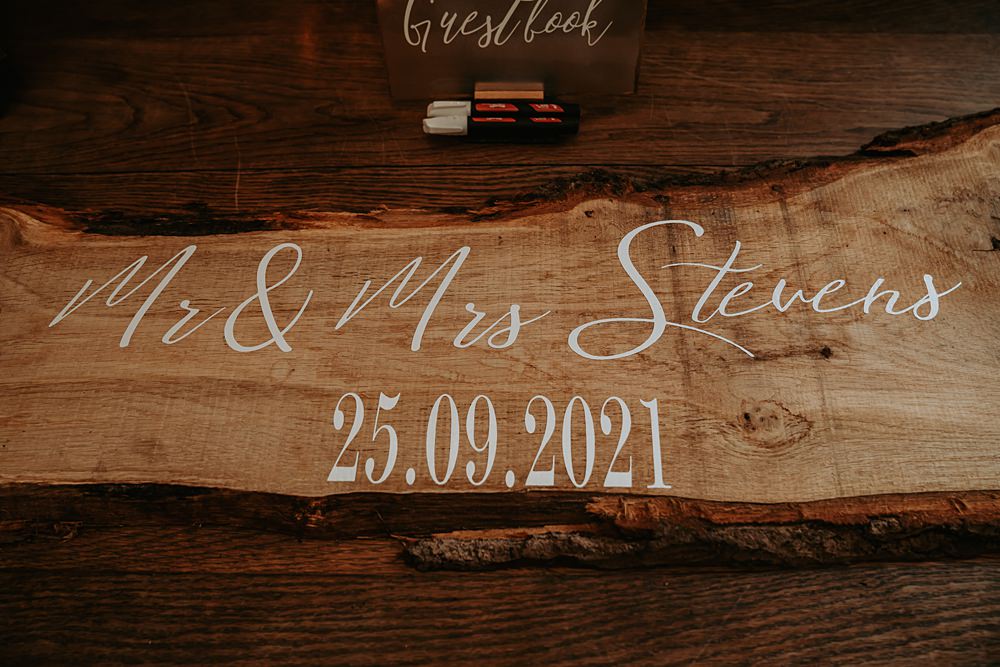 Rustic Sign Calligraphy Wood Slice Minimalist Barn Wedding Amber Louise Photography