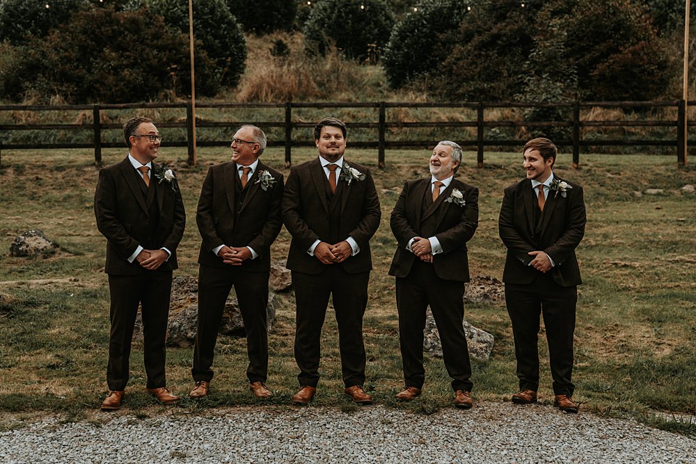 Groom Brown Wool Suit Orange Tan Tie Groomsmen Minimalist Barn Wedding Amber Louise Photography