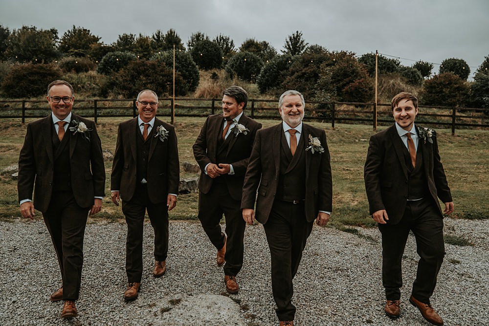 Groom Brown Wool Suit Orange Tan Tie Groomsmen Minimalist Barn Wedding Amber Louise Photography